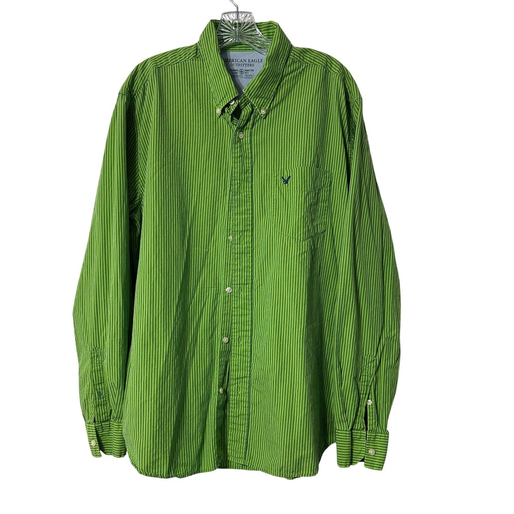 American Eagle Button Down Shirt Womens XL Green Striped Long Sleeve Cotton